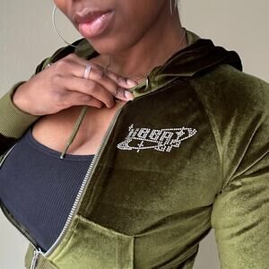 Dollskill Poster Girl Green Moss Y2K Velour Zip Up Cropped Hoodie Size Small